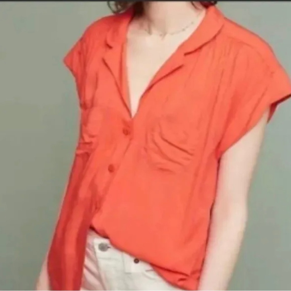Anthropologie Maeve Tangerine Orange‎ Short Sleeve Button Down Size Small S